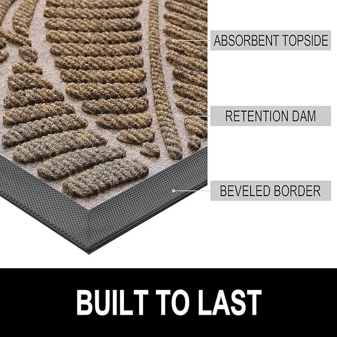Colorxy Waterproof Doormat, Sturdy Natural Rubber Front Indoor Mat, Non Slip Low Profile Indoor Outdoor Door Mats, Stain and Fade Resistant Floor Mat, Easy Clean Patio Entrance Mat, 30''x17'', Brown
