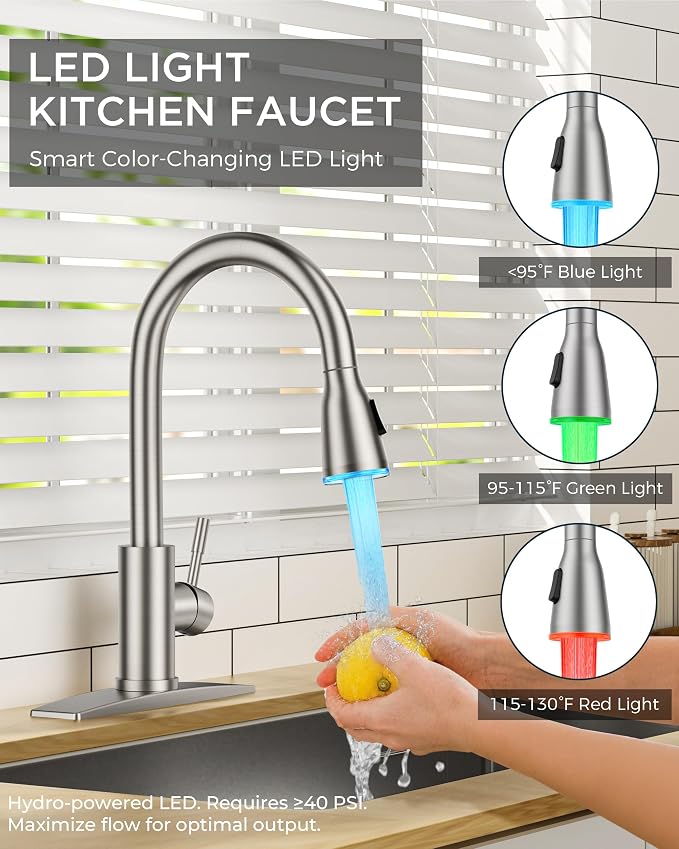 FORIOUS Kitchen Faucet with LED Light Sprayer, Single Hole, Brushed Nickel | - Image 3