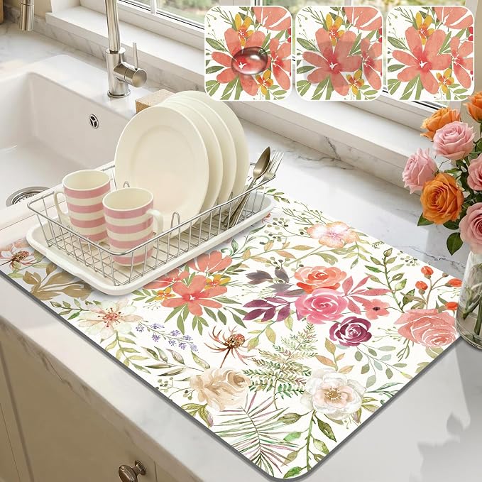 LOKHOM 12"x20" Dish Drying Mat，Pink Floral Coffee Mat | Pink Roses Petals Prints by LOKHOM