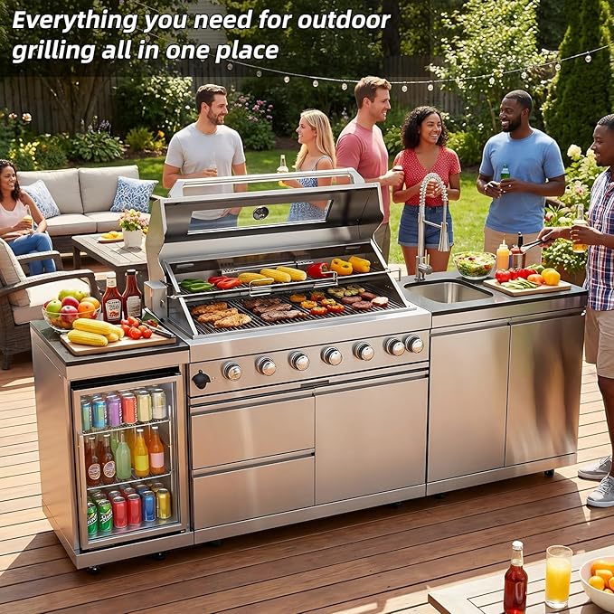 Outdoor Kitchen Island, 96 Inch 6 Burner Gas Grill Combination With Refrigerator and Sink, Outdoor Stainless Steel Barbecue Bar, Natural Gas Barbecue Grill 85000 BTU for Patios, Gardens, Parties
