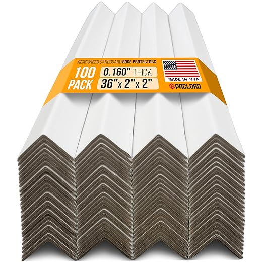 36" x 2" x 2" Reinforced Cardboard Edge Protectors, White (Pack of 100) – 0.16" Thick Heavy-Duty Cardboard Corner Protectors for Shipping – American Quality V-Board Pallet Edge Guard