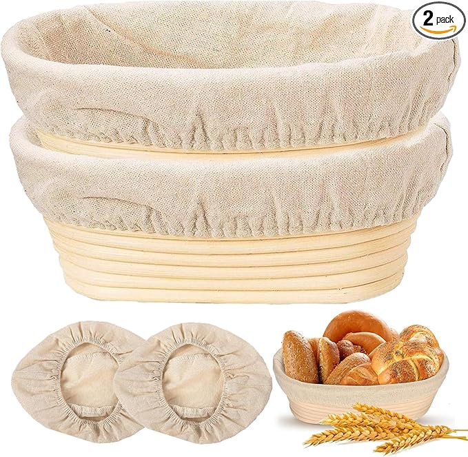 Banneton Bread Proofing Basket - Proofing Basket Set of 2 (10 inch Oval) - Natural Rattan Banneton with 2 Linen Liners - Bread Basket for Sourdough Bread Baking Supplies