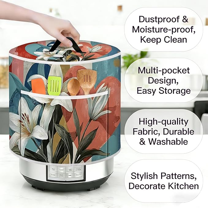 Rice Cooker Cover, Dust Cover for Kitchen Appliances with Handle and Storage Pocket, Easy to Clean Kitchen Decor Gift, Fits 3-6-8 Quart Instant Pot, Slow Cooker and Air Fryer