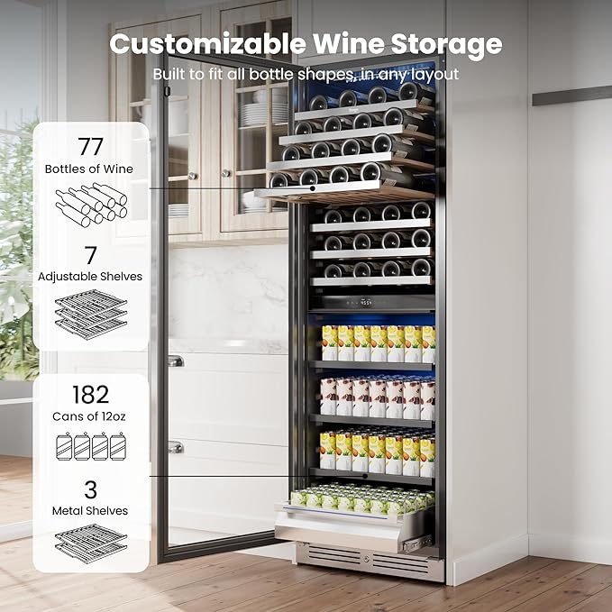 Yeego 24 Inch Wine Fridge - 77 Bottles and 182 Cans Dual Zone Wine Cooler with Glass Door, 34-65℉ Built-In or Freestanding Refrigerator with Lock and 2 Color LED for Kitchen Bar Office (Left-Hinged)