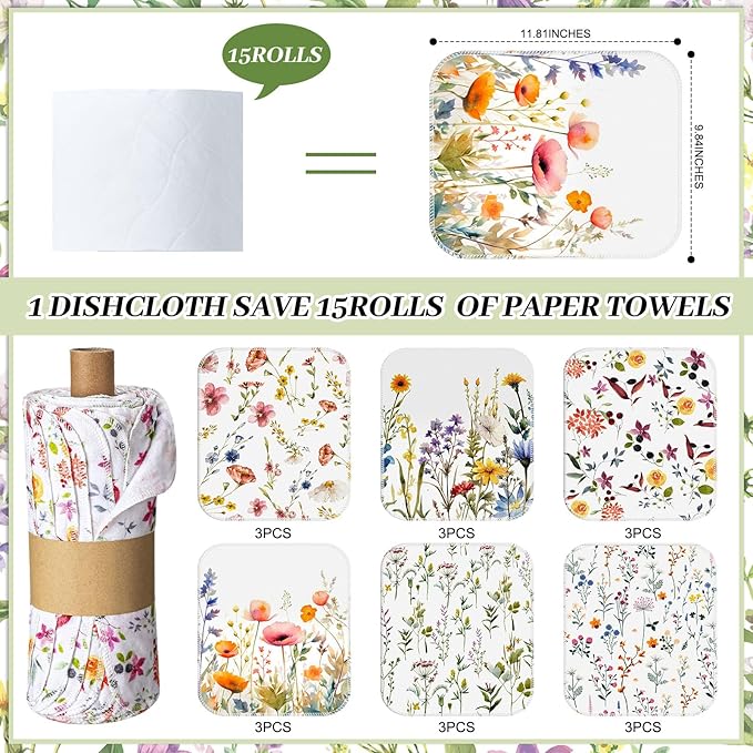Reusable Kitchen Cloths Cotton Towel, 18 Pack, Wildflowers - Image 2