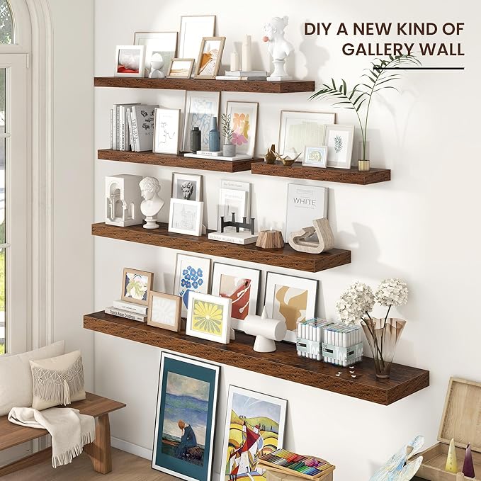 Floating Shelves for Wall 24"W x 6.7"D x 1.37"H, Engineered Wood Wall Shelves with Invisible Brackets for Living Room Bedroom Bathroom Office Kitchen Decor and Storage, Rustic Brown Finish, Set of 2