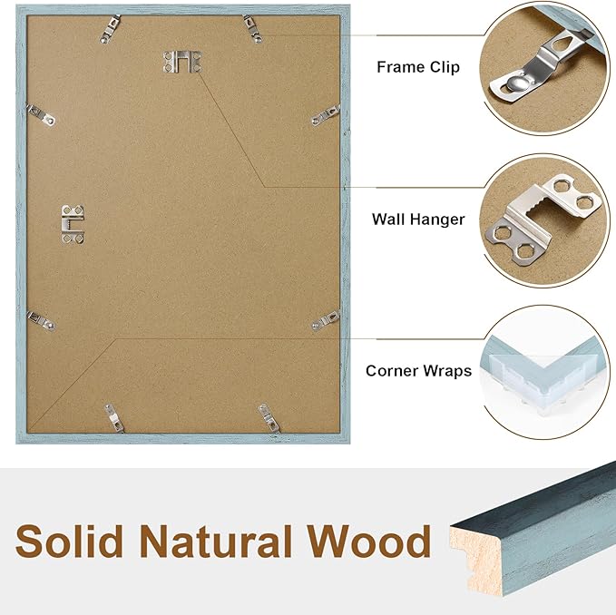 Vittanly 12x16 Picture Frame, Solid Wood Frame with Plexiglass, Includes 8.5x11 Mat, Wall Hanging for Photos, Home Decor, Rustic Blue, 1 Pack