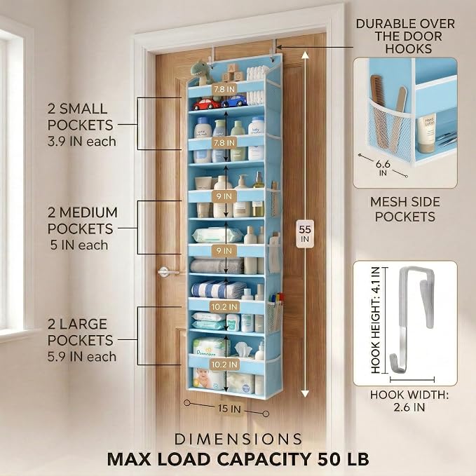 HOMELUX THEORY Over the Door Organizer, 100D Fabric, Baby Blue 2pc - Image 3