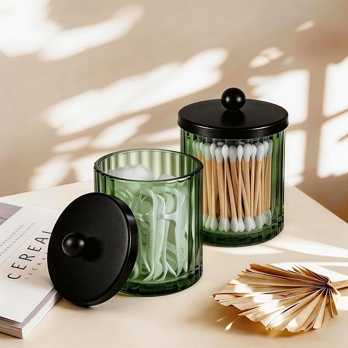Amolliar Green Glass Apothecary Jar, Qtip Holder - Image 4