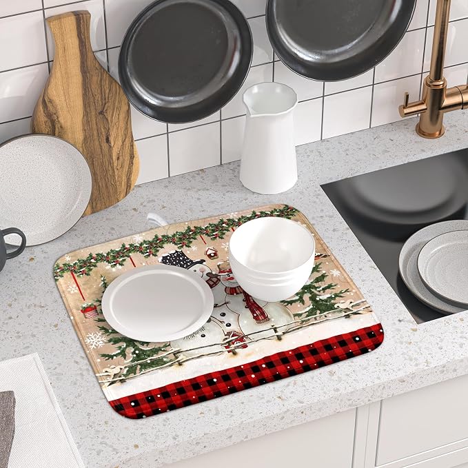 Winter Snowman Dish Drying Mat 16x18 Inch Red Buffalo Plaid Holiday Dish - Image 6
