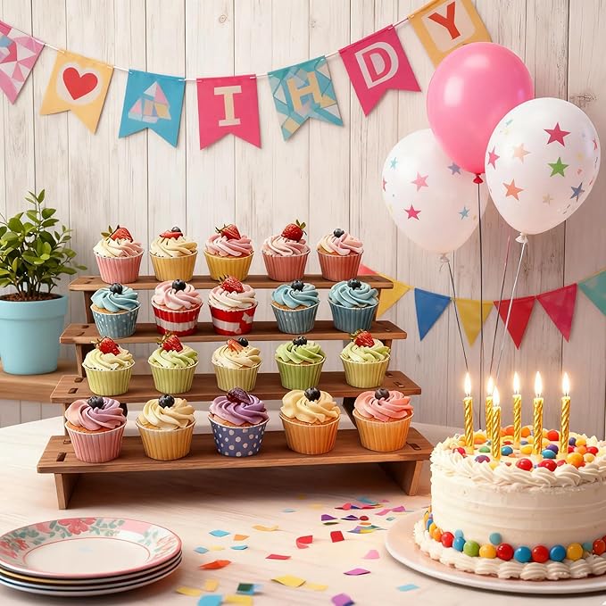 Wooden Cupcake Stand,Perfume Organizers,Cologne Organizer for Men,4 Tier Display Risers for Dessert,Spice,Candles,Matcha Station,No Tools Required to Install 2 Pack