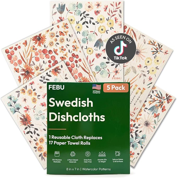 FEBU Swedish Dishcloths for Kitchen, 5 Pack, Watercolor Floral by FEBU