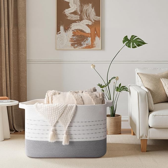 OIAHOMY 108L Extra Large Blanket Basket, 25”x16”x16” Rectangle Woven Cotton - Image 2