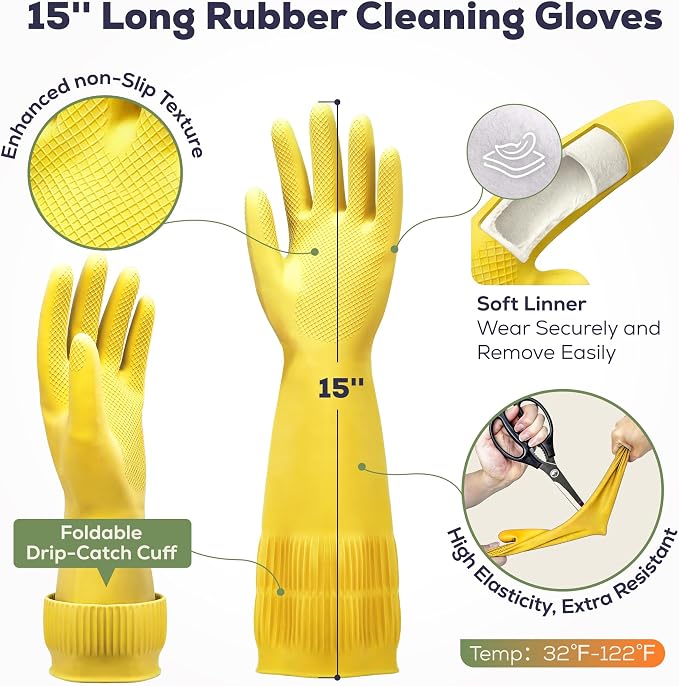 FMP Brands 3/6/12/60 Pairs 15 Inch Extra Long Rubber Dishwashing Gloves - Image 2