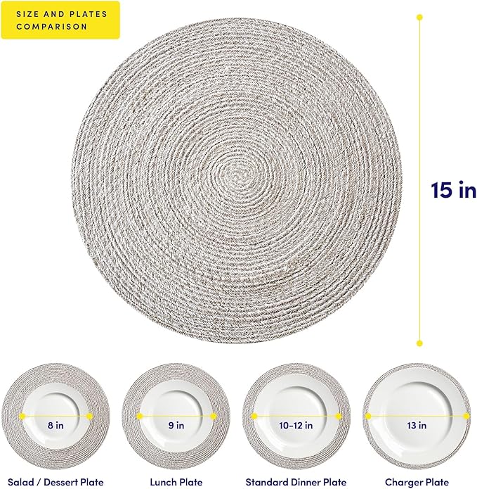 Round Placemats Set of 4-100% Cotton Two-Tone Placemat for Dining Table - Woven Braided Table Setting Place Mat - Washable Table Decor for Kitchen, Farmhouse, Rustic, Everyday Use, Gray