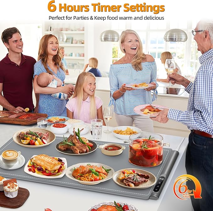 Graphene Warming Mat for Food - Fast Full Surface Heating, Extra Large (XXL 36”x 16") Electric Warming Trays for Buffets Party Countertop with 6 Temp & Timer Settings, Gifts for Mom Wife, Gray