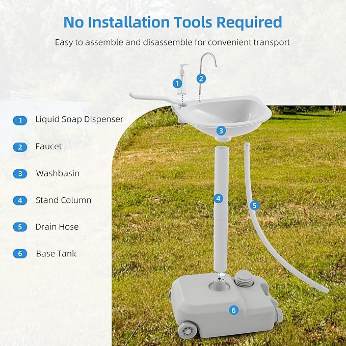 Portable Sink Camping Hand Washing Station, 20L Wash Basin Stand with Rolling Wheels, Soap Dispenser, Towel Holder, Handle for Garden, Outdoor, Travel, Boat, Gathering, Worksite