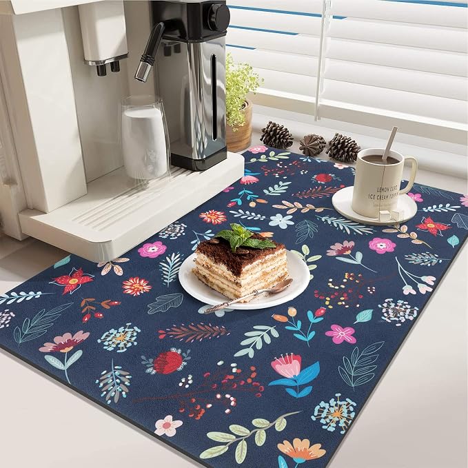 LOKHOM 18"x24" Dish Drying Mat，Colorful Floral Coffee Mat Blue | Colorful - Image 2