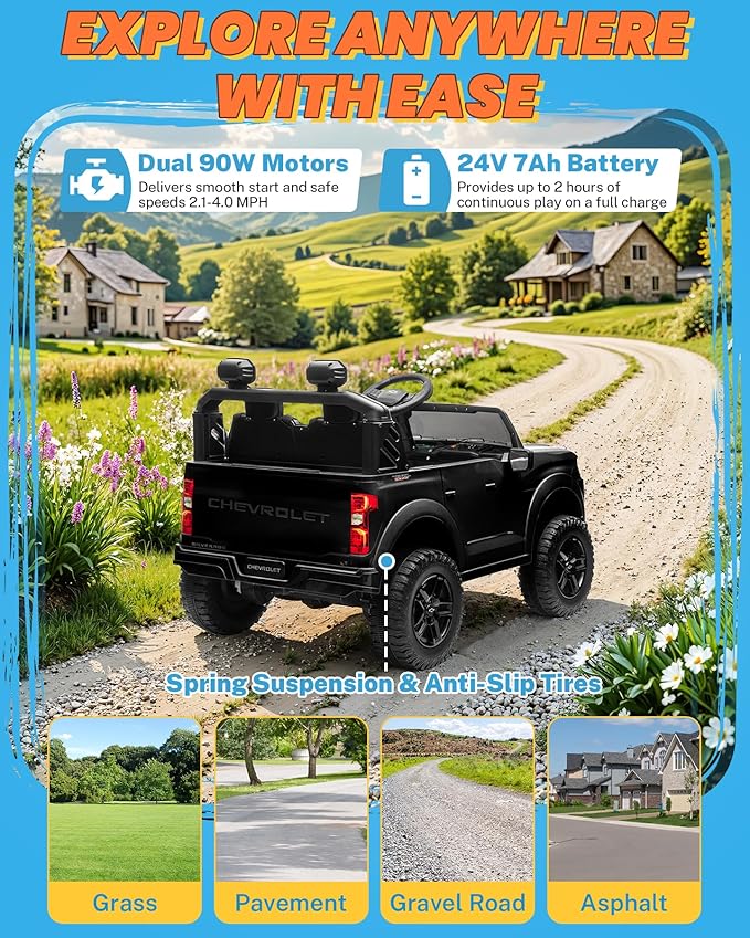 ENYOPRO 24V Ride on Toys, Licensed Chevrolet Silverado LT Trail Boss 2 Seater Ride on Car for Kids, Toddler Electric Car w/Remote Control, Safety Belt, Truck Bed Storage, LED Lights, Bluetooth, Black