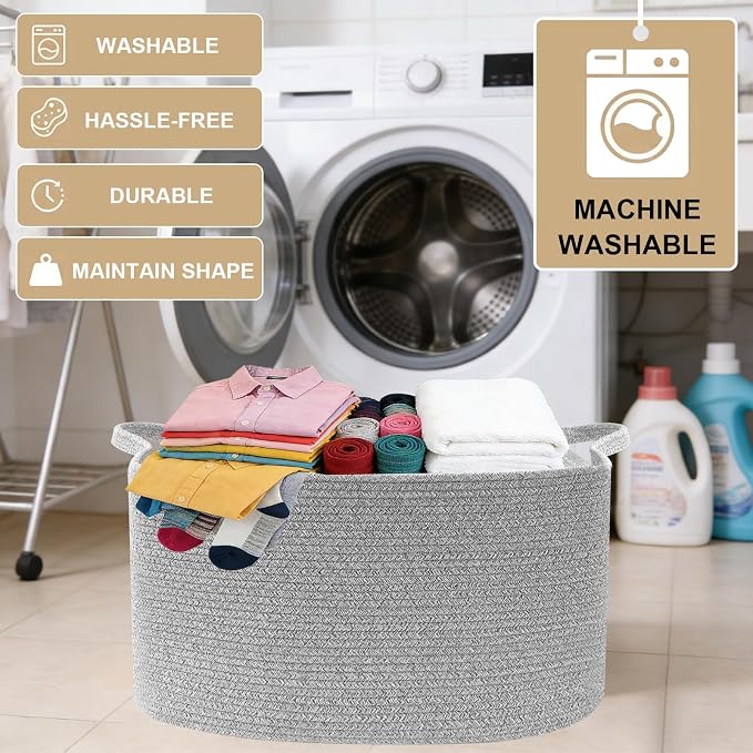 96L Woven Laundry Basket with Handles, Extra Blanket Basket - Image 6