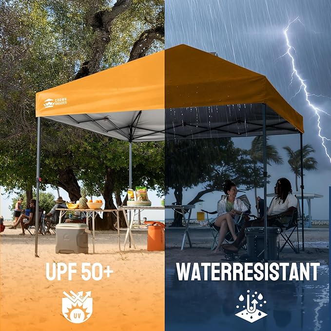 CROWN SHADES 10x10 Pop Up Canopy - Patented Center Lock One Push Instant Outdoor Canopy Beach Tent with STO-N-Go Bag 8 Stakes & 4 Sand Bags，Orange