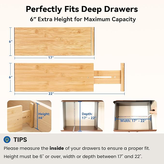 4 Pack 6" Deep Bamboo Drawer Dividers, 17-22" Expandable Kitchen Organizers | - Image 2