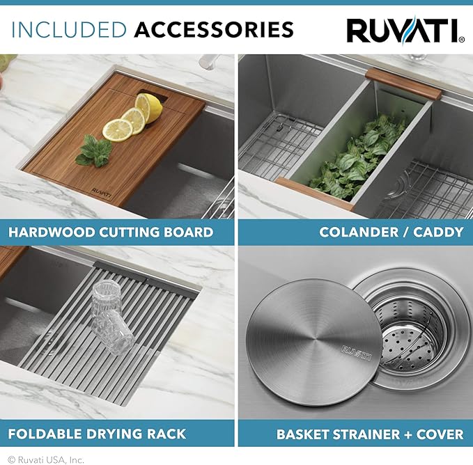 Ruvati 33-inch Workstation Ledge 50/50 Double Bowl Undermount kitchen sink with Brushed Finish - 16 Gauge Stainless Steel Kitchen Sink - Workstation Kitchen Sink - RVH8350