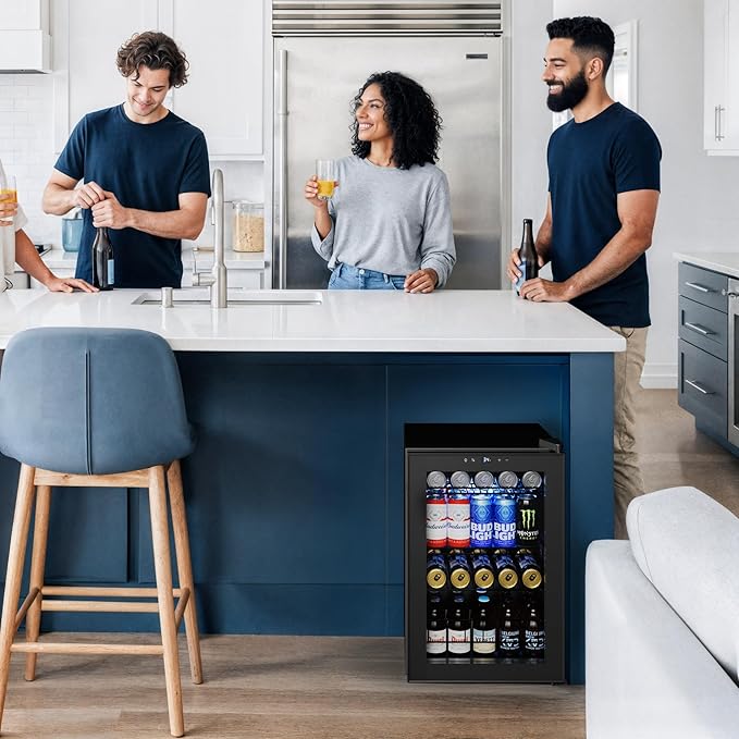 Yeego Beverage Refrigerator Cooler, 85 Cans Drink Mini Fridge with Glass Door for Soda, Beer or Wine, Beverage Cooler with Digital Temperature Control from 34°F to 54°F for Home, Office or Bar (Black)
