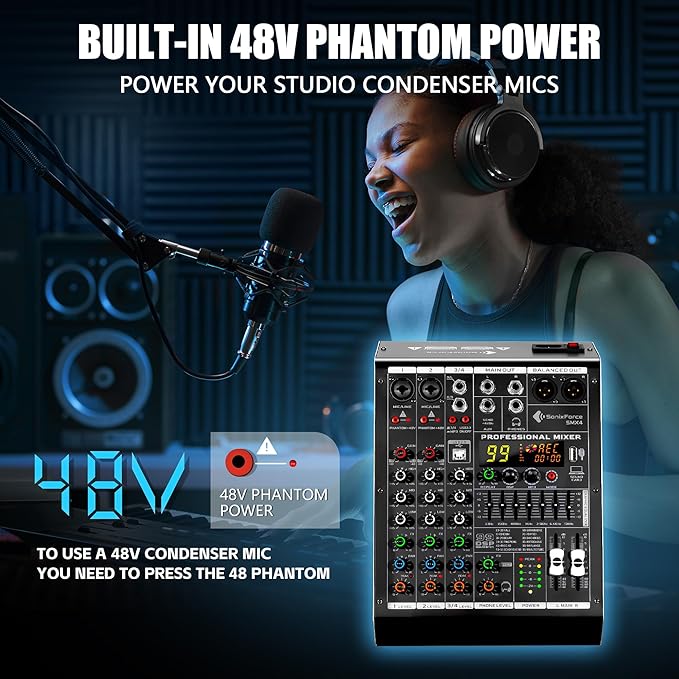 4 Channel Audio Mixer, 99 DSP Sound Board Console with 48V Phantom Power, Professional DJ Mixer for Podcasting, Streaming, Studio Recording (SMX4)