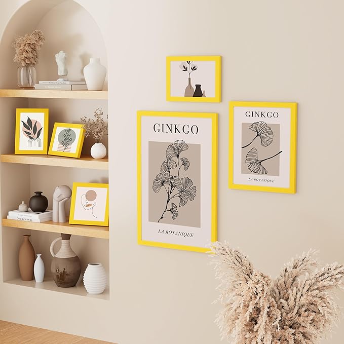 Vittanly 5x7 Picture Frame, Solid Wood Frame with Plexiglass, Includes 4x6 Mat, Wall Hanging or Tabletop for Home Decor, Yellow, 1 Pack