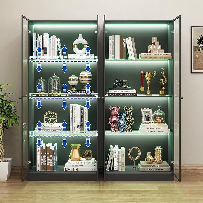 Display Cabinet with LED Lights - Set of 2, Glass Display Case with 3 Adjustable Shelves, Curio Cabinet with 2 Glass Doors, Storage for Collectibles, Living Room