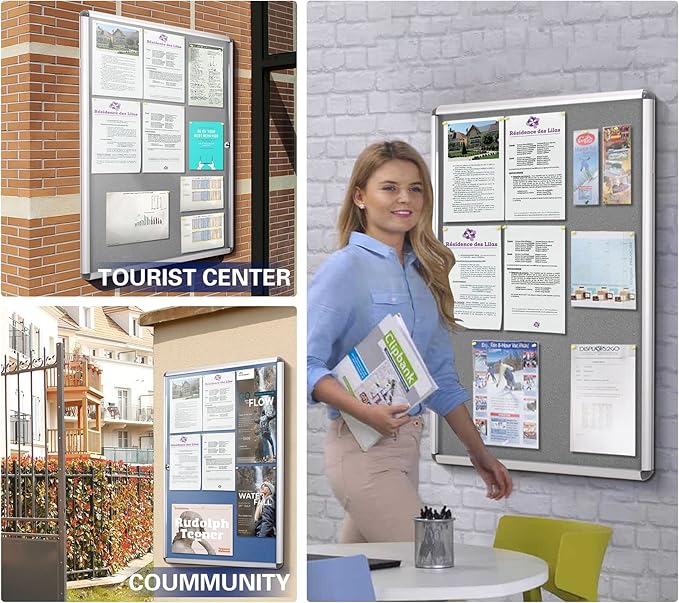 SWANCROWN Enclosed Bulletin Board Lockable Noticeboard Case with Aluminium Frame,Grey Felt, 20x14inch (2xA4)