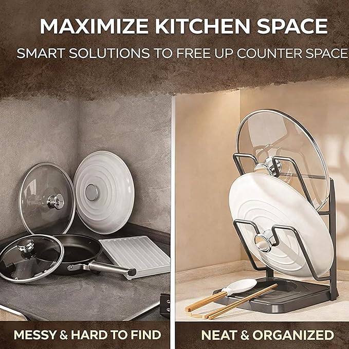 Kitchen Pot Lid Storage Rack, Heat-Resistant Pot Lid Holder While Cooking with Tray, Multifunctional Pot Lid Holder Organizer Rack, Lid and Spoon Rest for Countertop, Stove Top (Double-layer Beige)