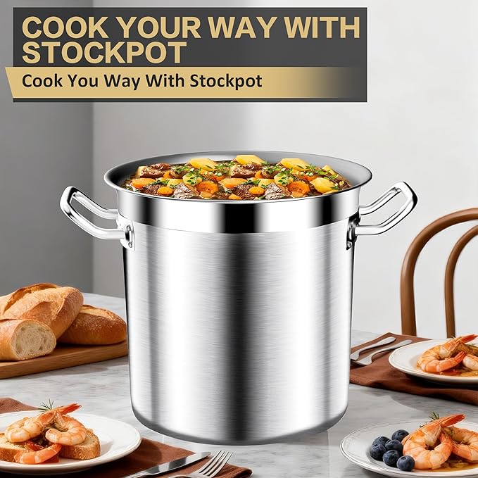 Stainless Steel Stockpot – 40QT Stock Pot with Lid, Heavy-Duty Tri-Ply Bottom Cooking Pot for Canning, Boiling Beer Brewing, Soup, Seafood Boil – Satin Finish Stainless Steel Soup Pot