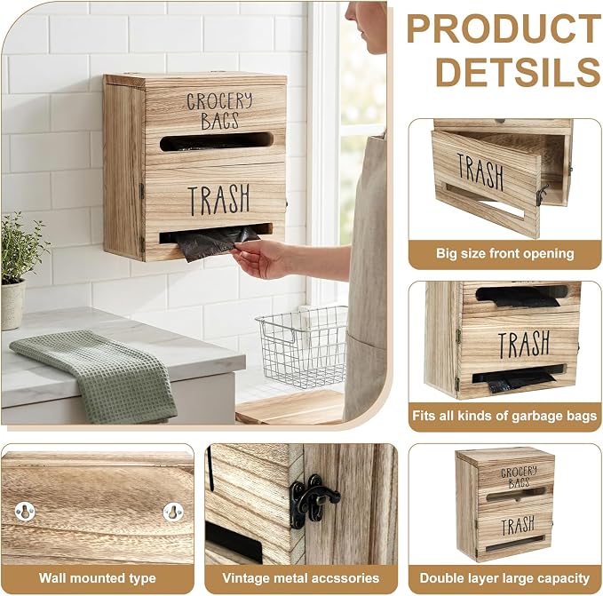 2 in 1 Trash Bag Dispenser, Double Wall Mounted, Wood Trash Bag Holder - Image 5