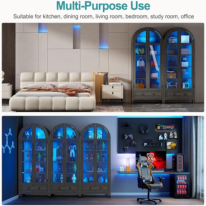 Lvifur 73" Tall Arched Display Cabinet with Glass Doors,4-Tier Storage Cabinet with Human Body Sensor,LED Curio Cabinets with 3 Color Lights for Collectibles,Ajustable Shelf for Toys, Books,Brown