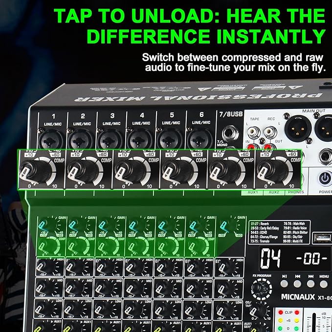 Audio Mixer 8 Channel Professional Sound Mixer Console with 99 DSP Effects, Mixing Board DJ Mixer w/USB, Bluetooth, 48V Power Supply, PAD Button for Recording Karaoke PA Drum Live Music