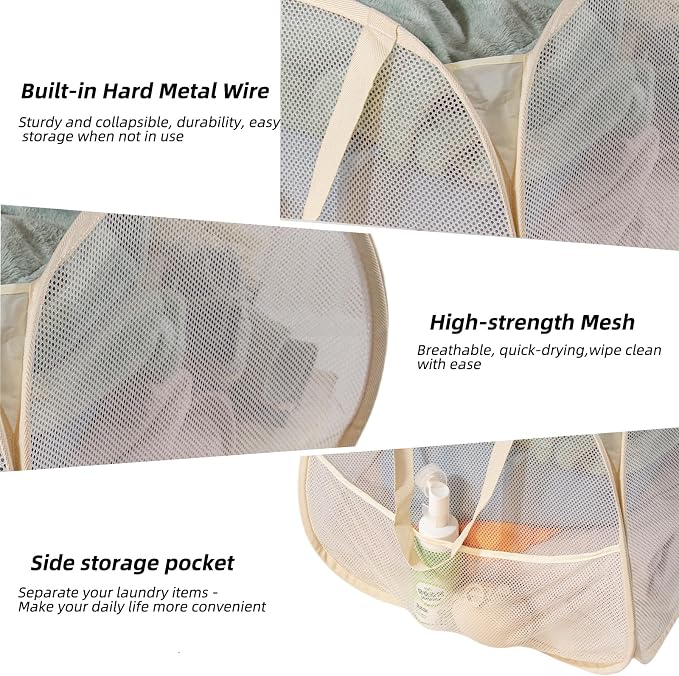Collapsible Laundry Basket 90L, Mesh Pop-up Hamper, Side Storage Pocket - Image 3