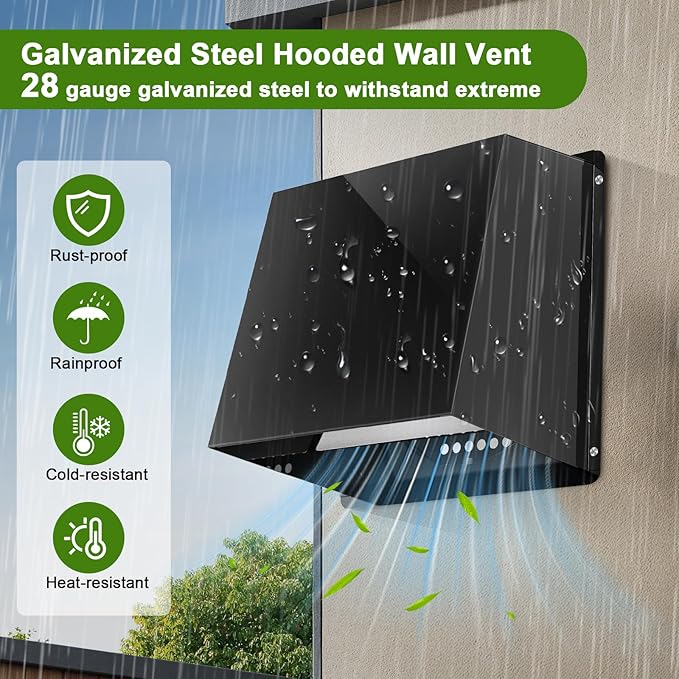 10 Inch Hooded Wall Vent, Dryer Wall Vent Cover Outside with Screen & Damper, Hooded Wall Exhaust Vent Cover, Outdoor Air Vent Cap for Range Hoods/Kitchen/Bathroom/Laundry/Basements/Garages, Black