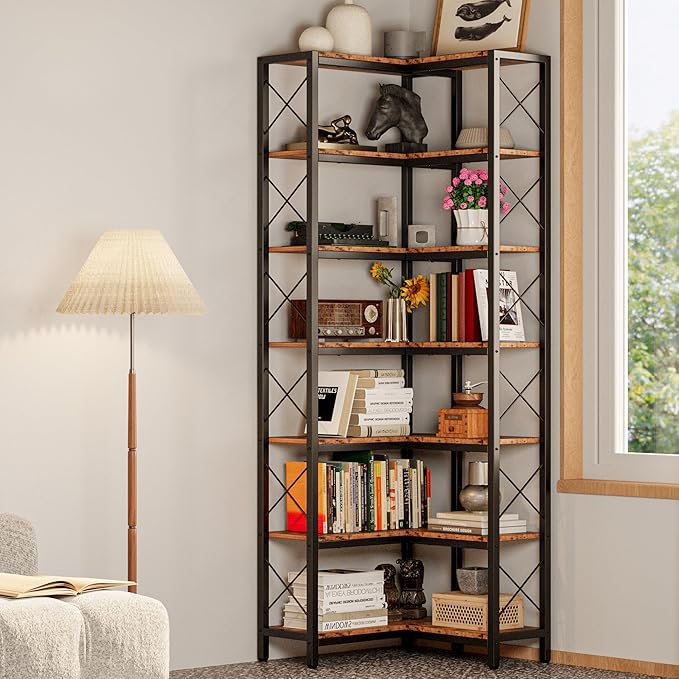IRONCK Corner Bookshelf, 7-Tier Industrial Corner Bookcase, Tall Corner Shelf Storage Display Rack with Metal Frame for Living Room Home Office, Vintage Brown