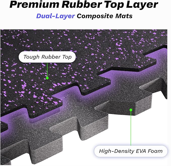 AIRHOP 0.56in Thick 24 Sq Ft Exercise Equipment Mats, 6 Tiles Upgraded Rubber Top with High Density EVA Foam, Large Interlocking Puzzle Gym Flooring for Home Gym, Heavy Weight Workout, 24 x 24in