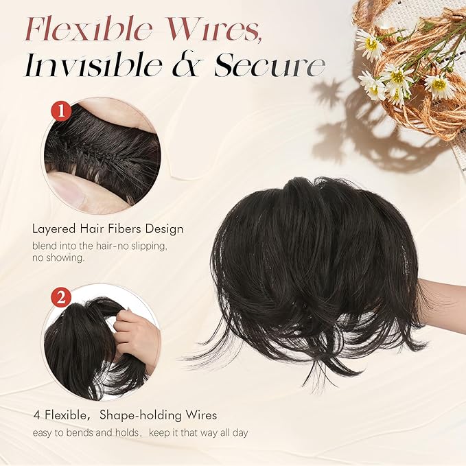 SOFEIYAN Claw Clip Short Ponytail Extension DIY Bendable Wires Hair Bun Fluffy Fake Hair Piece Straight Synthetic Hair Ponytail Extensions for Wonen - Black Brown