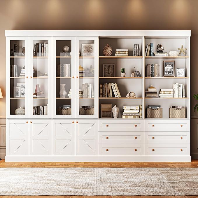 Vyre 71" Tall Farmhouse Kitchen Pantry, Large Storage Cabinets with Glass Doors, Freestanding Wood Hutch Cabinet with 3 Drawers, Adjustable Shelves for Living Room, Dining Room, Set of 4