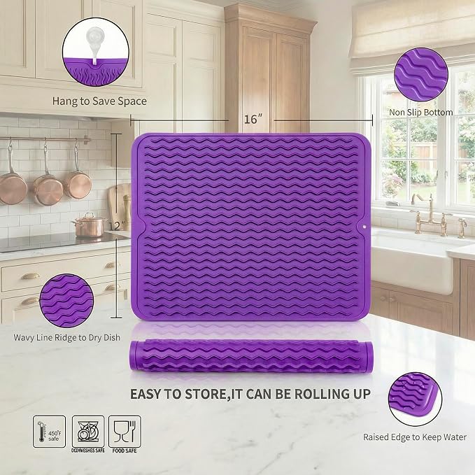MicoYang Silicone Dish Drying Mat — Quick-Dry Ridges Counter & Sink Pad - Image 2