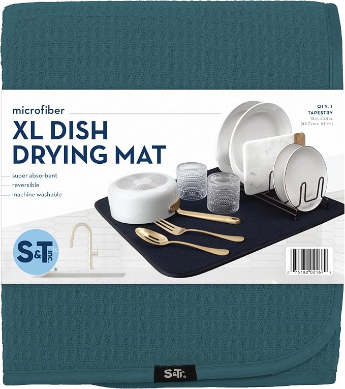 S&T INC. Dish Drying Mat, Tapestry Blue | Absorbent Microfiber, Extra Large - Image 8
