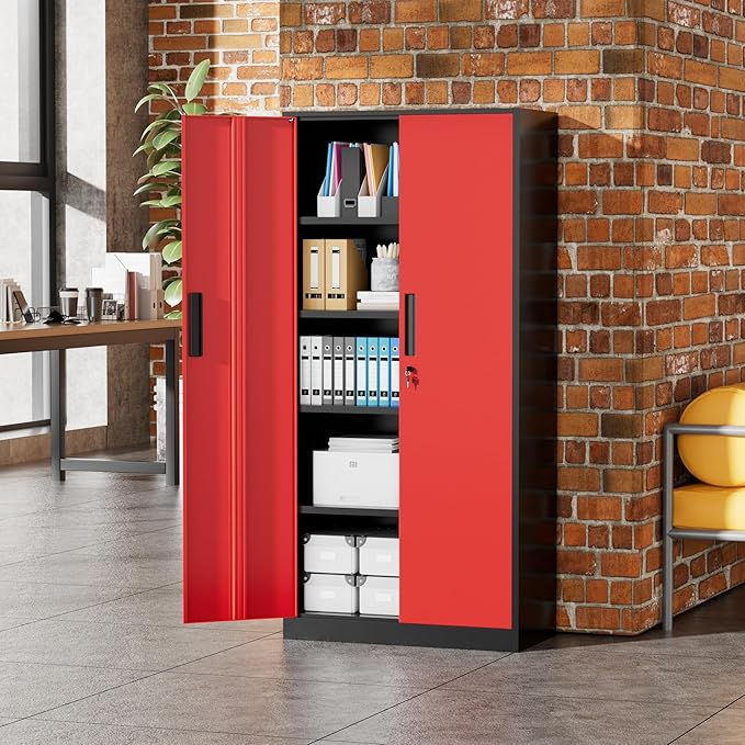Greenvelly Metal Garage Storage Cabinet, 72" H Steel Lockable Storage Cabinet with 2 Doors and 4 Adjustable Shelves,Tall Metal Cabinet Locking File Cabinet for Office,Home, Garage, Gym, School