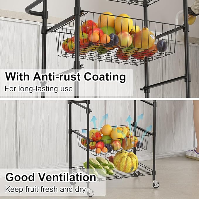 4-Tier Rolling Storage Cart with Adjustable Shelves & Baskets, Metal Utility Cart with 110lbs Capacity, Tool-Free Assembly for Kitchen, Bathroom, Living Room, Office, Black