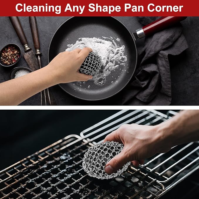 Cast Iron Scrubber Cleaner, Rugby Shape Scrubber Chain Mail with Silicone Core, Cast Iron Skillet Cleaner Cleaning Care Kit Perfect for Cast Iron Cookware,Skillet,Woks - Black