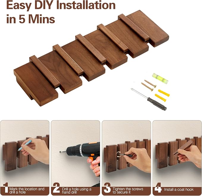 Coat Rack Wall Mount, Walnut 5 Flip-Down Picket Hanger Hooks - Image 7