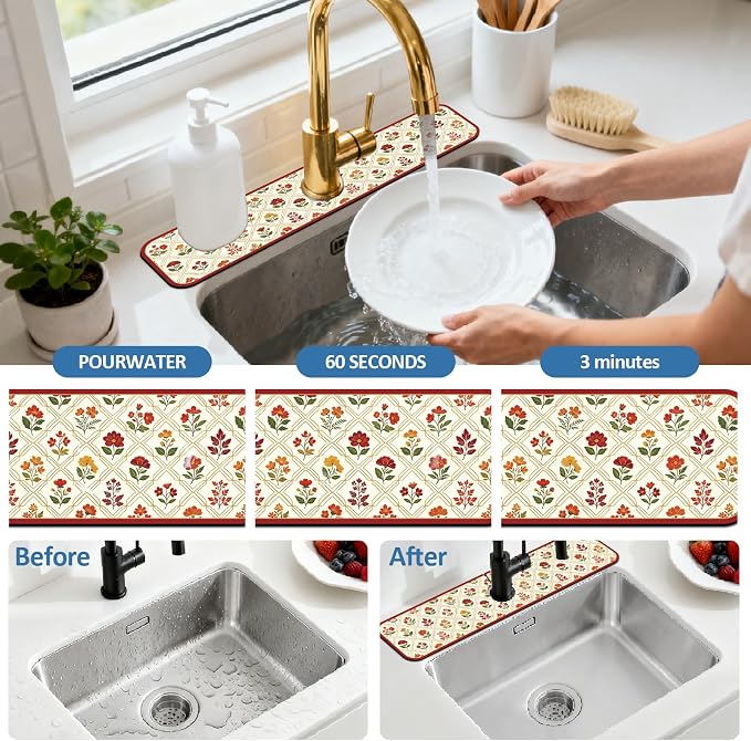 2 Pcs Kitchen Sink Splash Guard Faucet Mat Artistic Floral Design Faucet Mat - Image 5